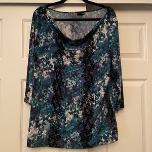 EAST 5TH | Blue Butterfly Scooped Cowl Necked Long Sleeved Blouse